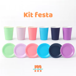 Kit 20 ou 40 Copos e Pratos Candy Color Festa Infantil e Aniversário