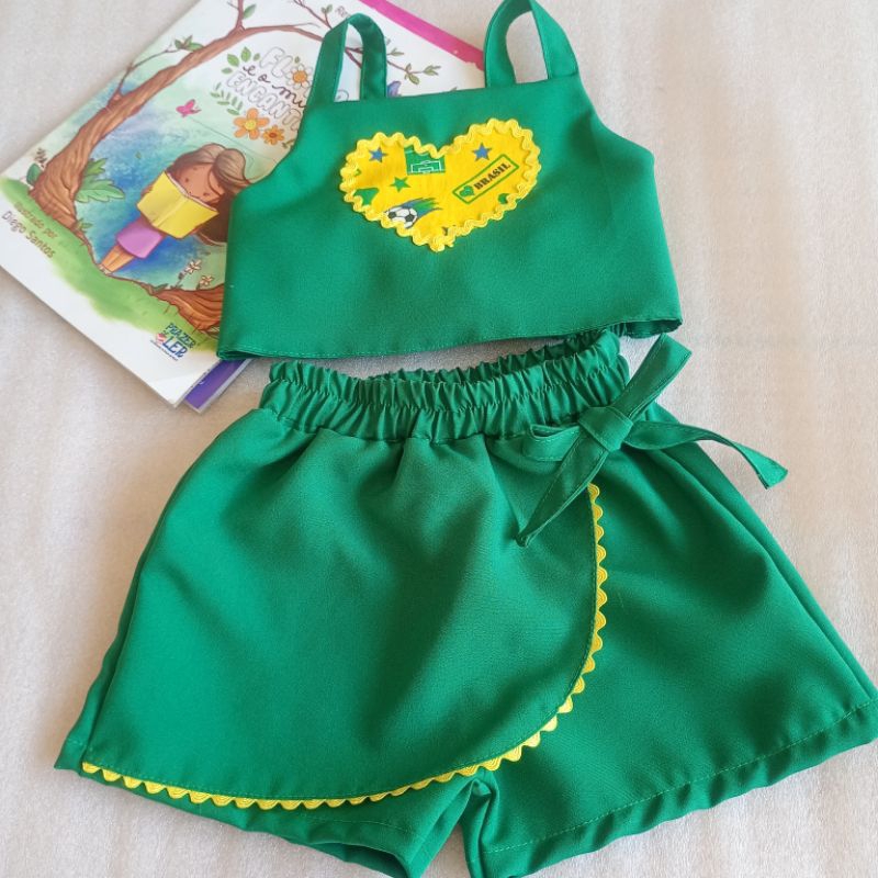 Conjunto Infantil Feminino Brasil 2026 Copa do Mundo Verde Cropped + Short Saia 2 Anos