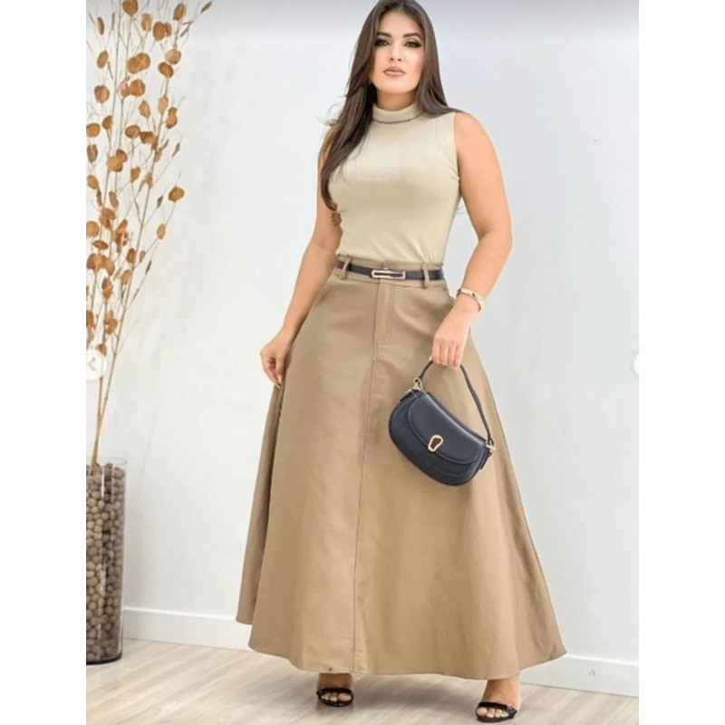 SAIA RODADA LONGA FEMININA ALFAIATARIA MODA EVANGÉLICA CASUAL BÁSICA INVERNO CINTURA ALTA ELEGANTE TENDÊNCIA
