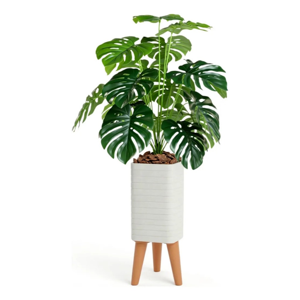 Planta Artificial 18 Folhagem Grande Artificial Vaso Cachepot Tripé Branco Sala