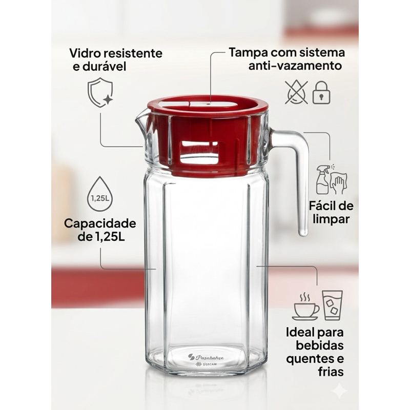 Jarra de Vidro 1,25L com Tampa Jarra para Suco Água Resistente