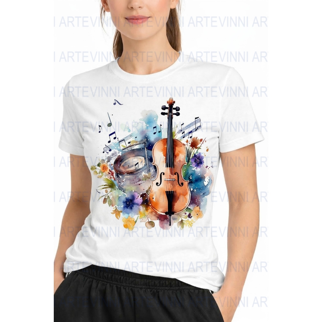Camiseta feminina violão floral instrumento musical musica