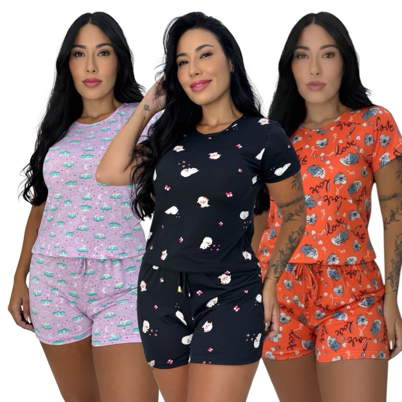 Kit 3 Pijama Baby Dool Suede Estampado Short Dool Verão Feminino
