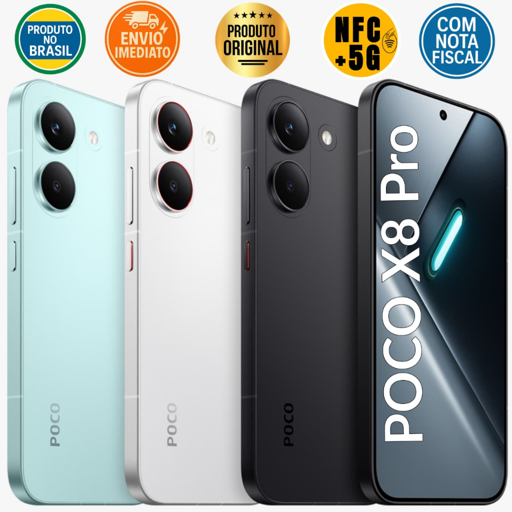 Xiaomi Poco X8 Pro 5G, Tela AMOLED 6.59" 120Hz, Wifi 6, IP68/IP69k, NFC, Global 