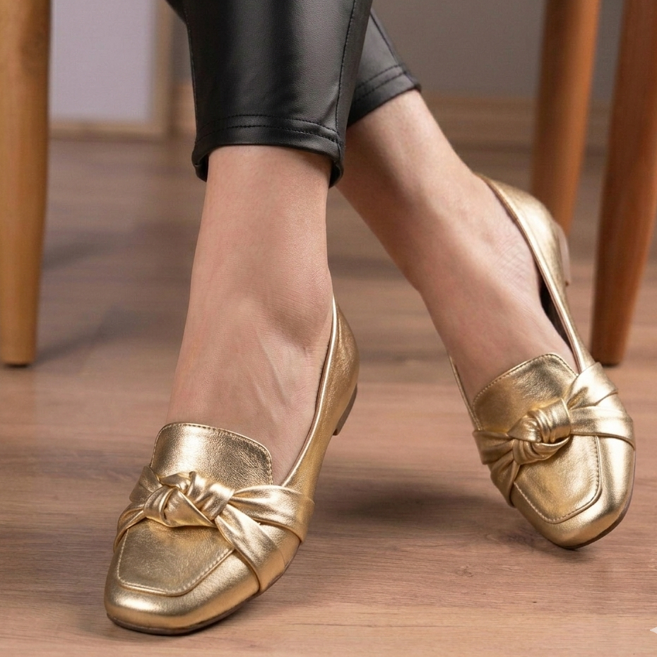 Mocassim Feminino Metalizado Laço Nó Bico Quadrado Confortável Flat Sapatilha 34 ao 40