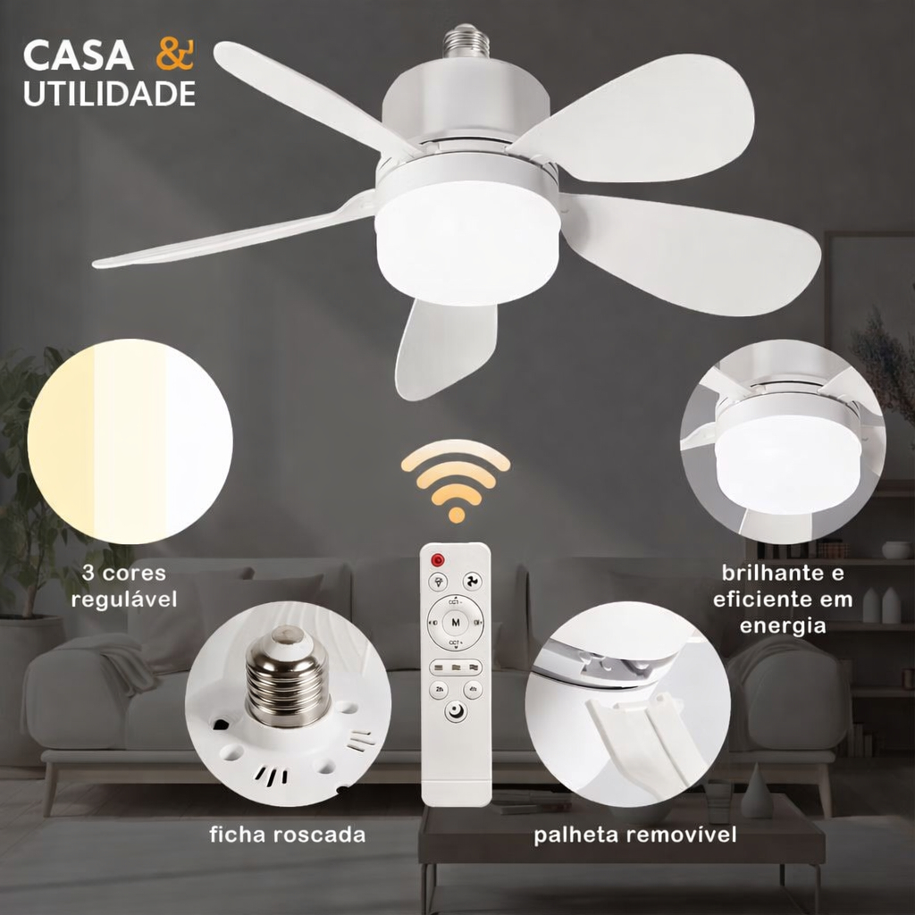 Ventilador de Teto com Luz Silencioso Controle Remoto Economica Instalação Fácil LED Bivolt
