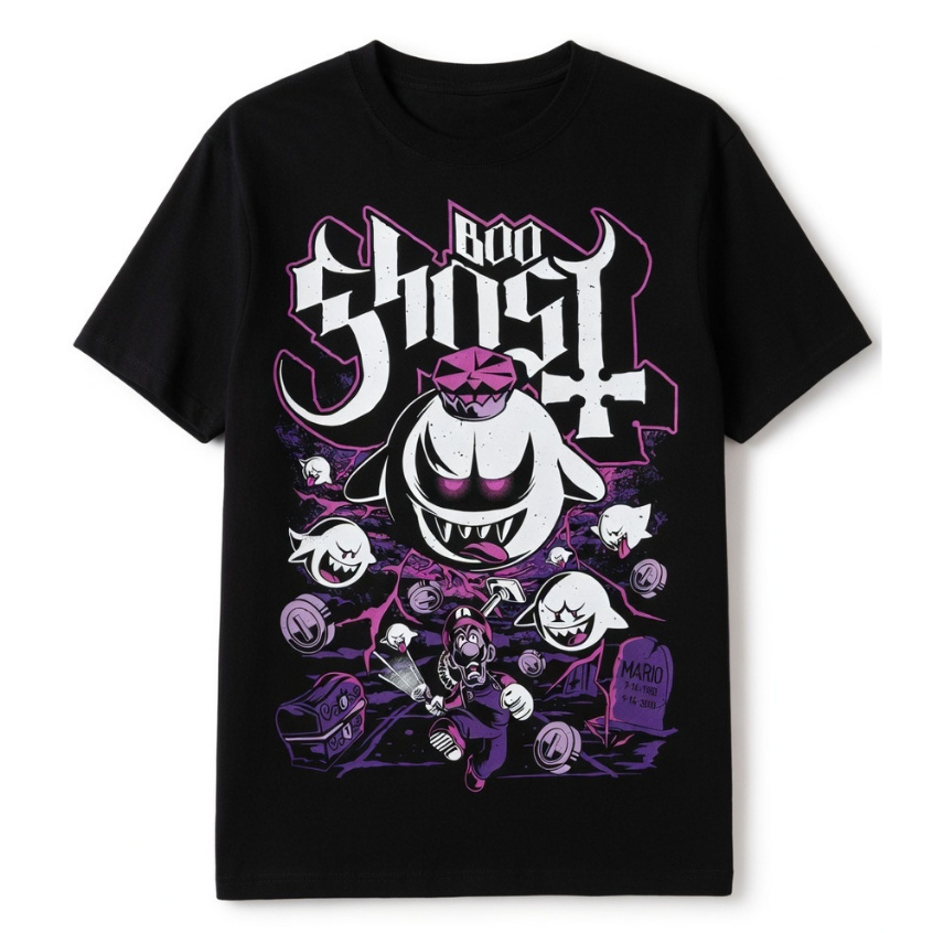 Camiseta Basica T-Shirt Boo Ghost King Boo Mario Dark Gothic Punk Rock