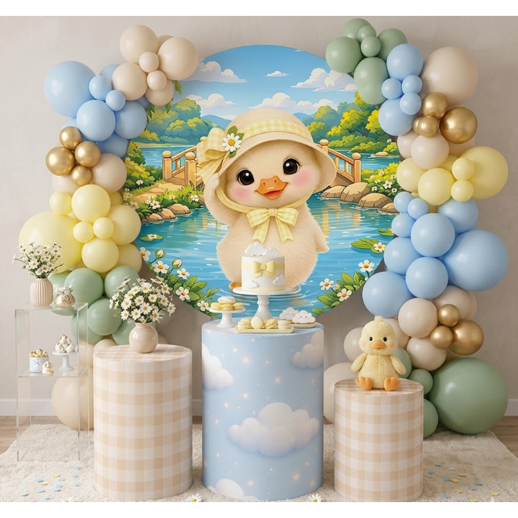 Kit Festa Capas Sublimadas Cilindros + Painel Redondo Tema Patinho Amarelinho Decoração Infantil Bibi Painéis