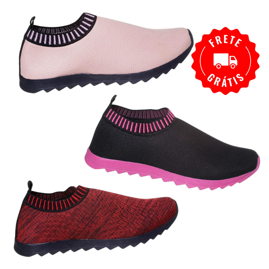 Tênis Meia Feminino Calce Fácil slip on Esportivo Ortopédico Leve e Confortável Academia Casual