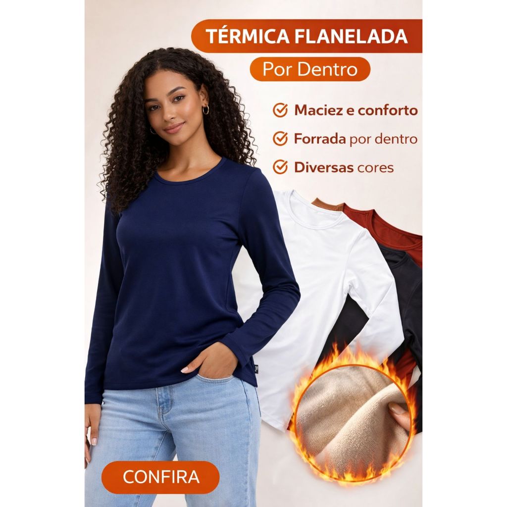 Blusa Térmica Flanelada Feminina Segunda Pele Gola Redonda Inverno Quente Não Marca