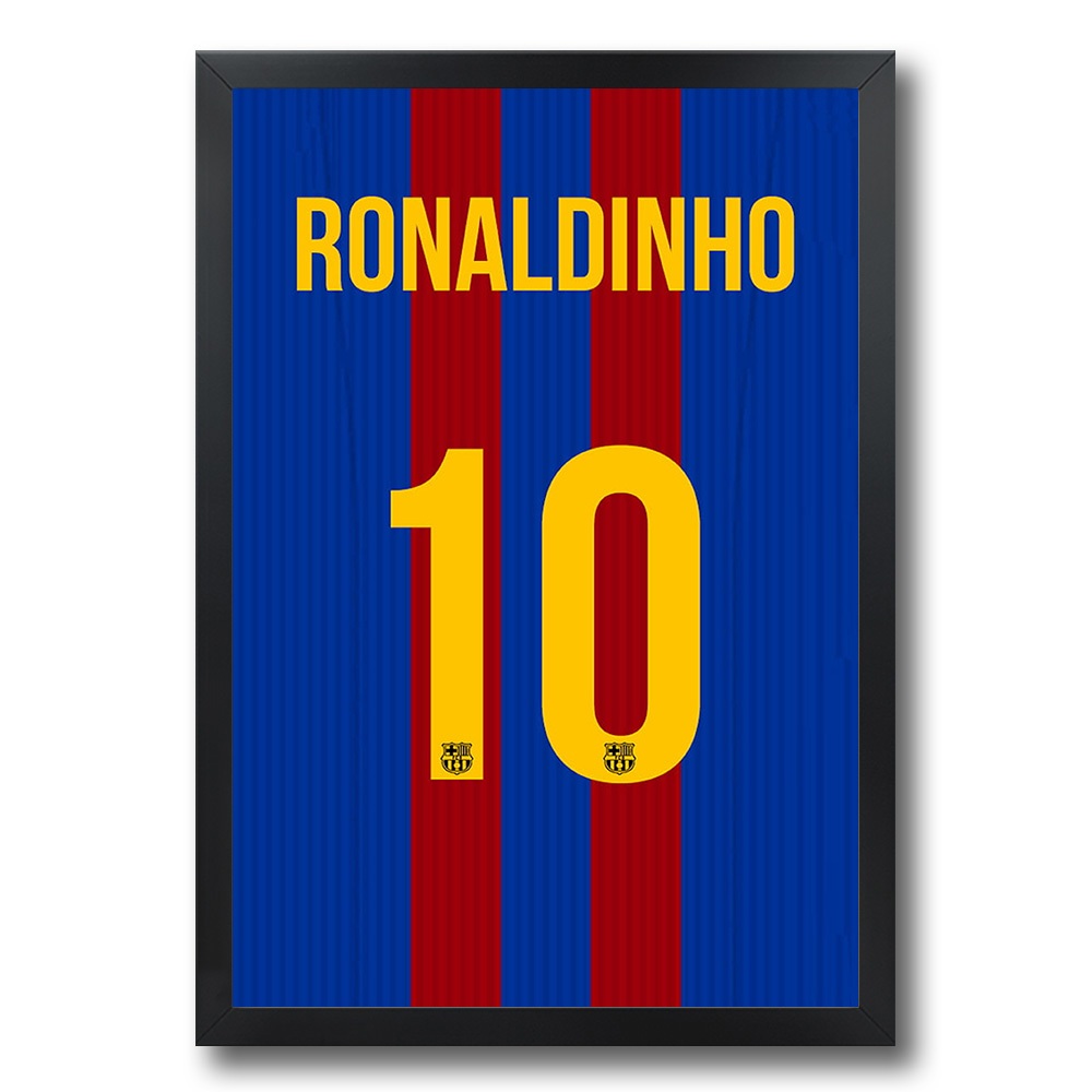 Quadro com Moldura Camisa Barcelona Ronaldinho Gaúcho Desenho Pôster Preta