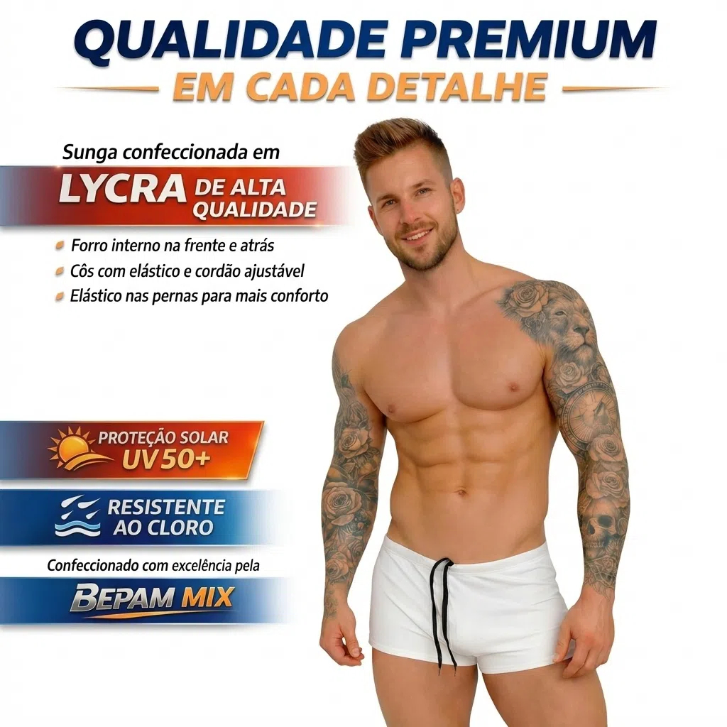 Sunga Boxer Masculina Lycra Premium UV50+ Alta Qualidade Resistente ao Cloro Conforto Máximo