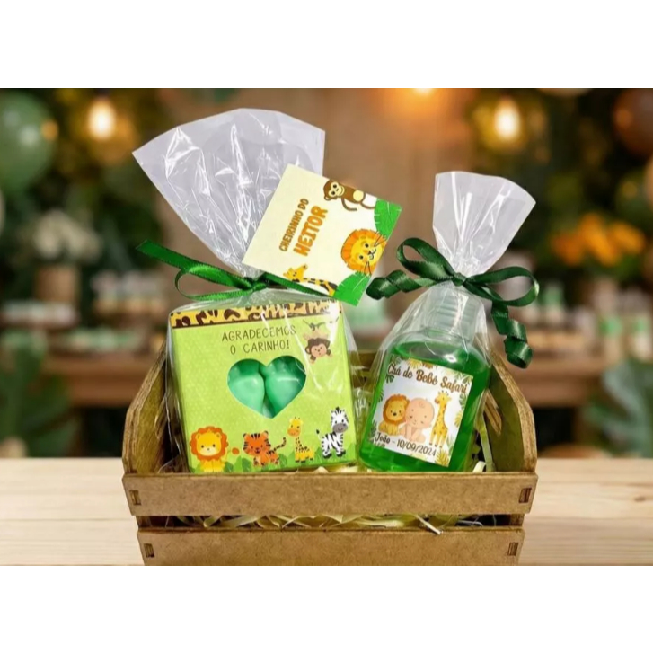 Kit 160 Lembrancinhas 80 Caixinhas e 80 Sabonete Liquido Cha de Bebe revelação PERSONALIZADAS