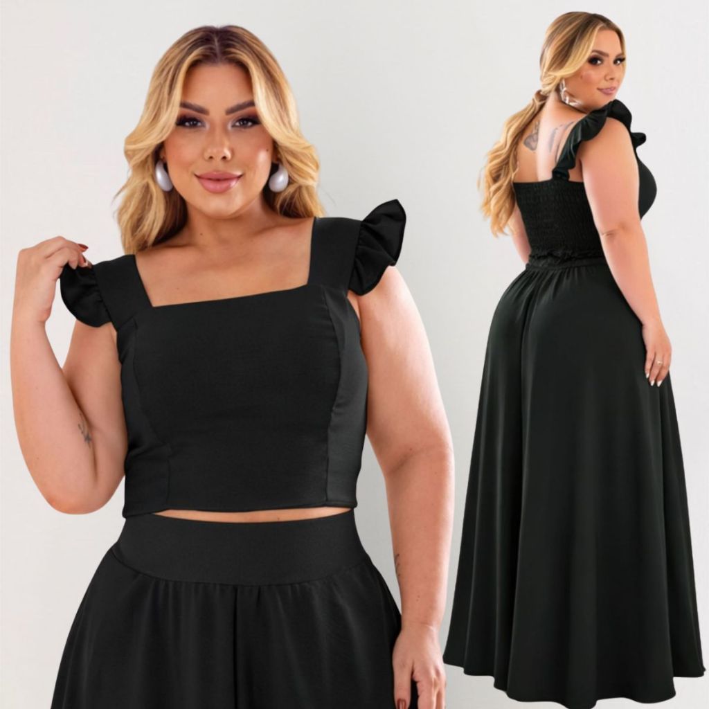 Conjunto plus size moda maior de saia GODÊ longa e cropped de alça babado TECIDO CREPINHO cores e estampas variadas.