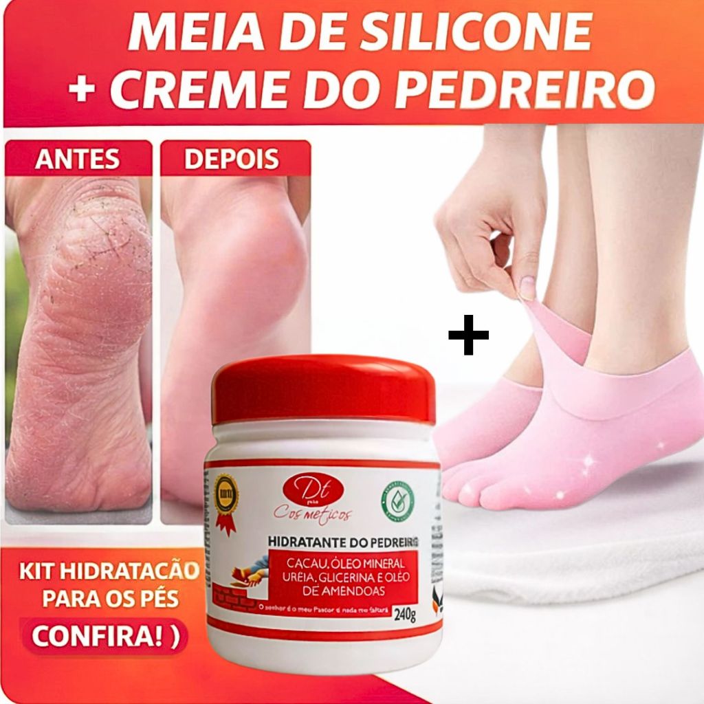 Kit Creme Hidratante do Pedreiro + Meia de Silicone Para Pés Rachados Ásperos Hidratação Profunda Nutre Amacia a Pele