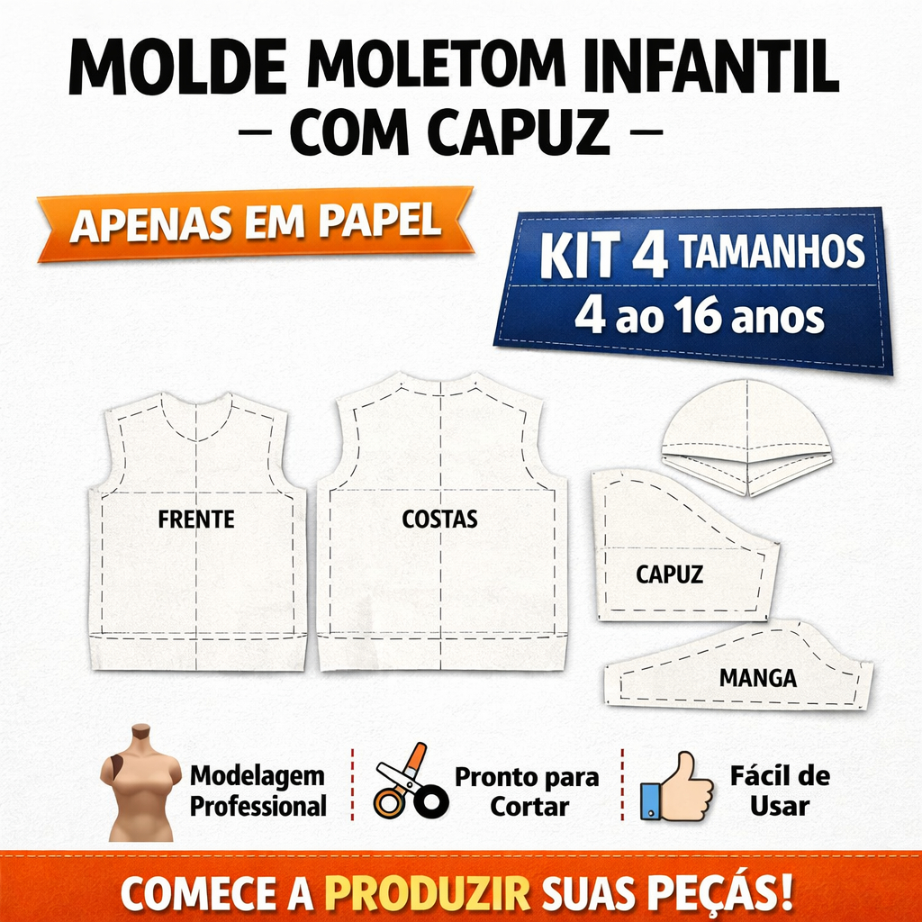 molde moletom infantil, modelagem moletom infantil, Kit com 4 tamanhos, molde unissex infantil