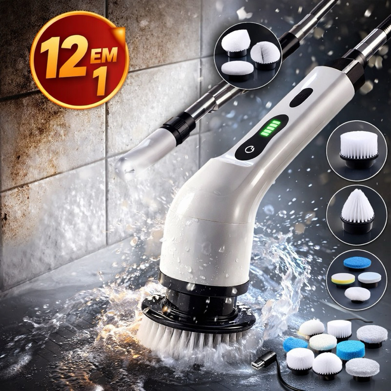 Escova Elétrica Rotativa 12 em 1 Sem Fio Recarregável USB Limpeza Profunda Banheiro Cozinha