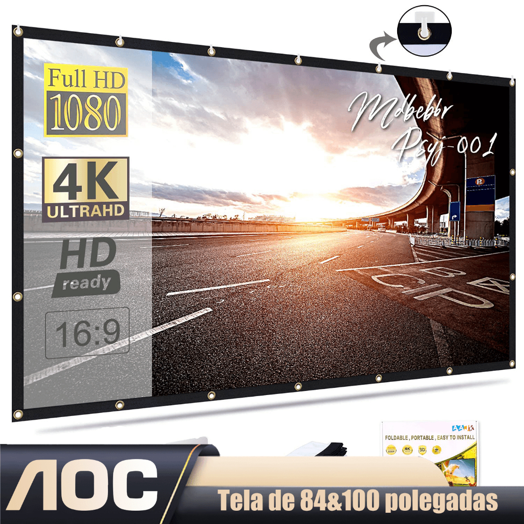 AOC Tela de Projeção De 84&100 Polegadas com Bordas Pretas | Imagem Nítida e Cinema em Casa