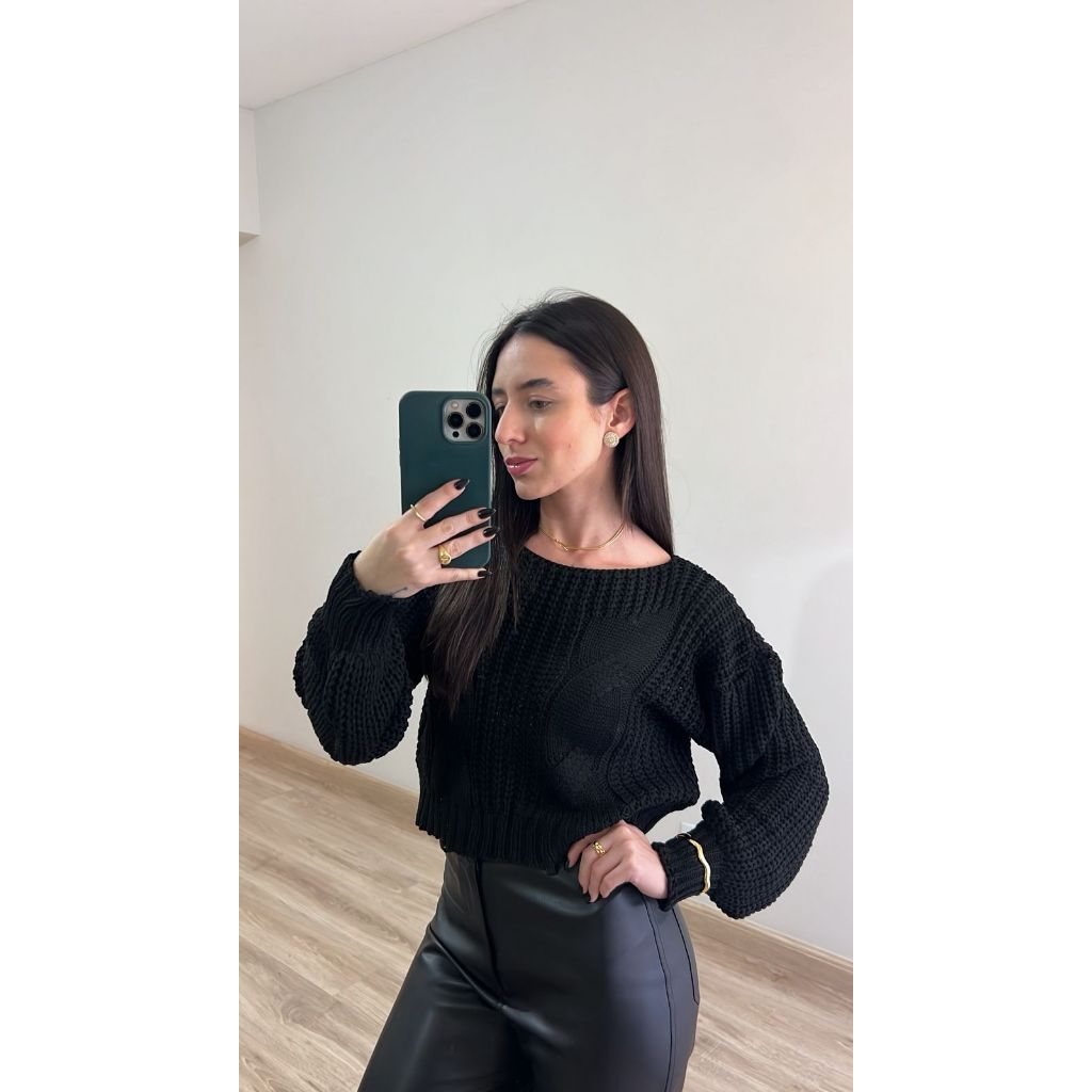 Blusa Cropped Ponto Grosso Detalhe Trança Tricot