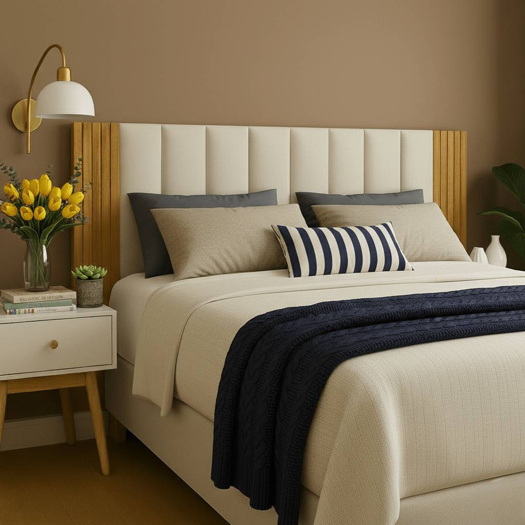 Kit Cabeceira Estofada + Ripado MDF – Modular até 12 Peças para Cama Casal/Queen/King