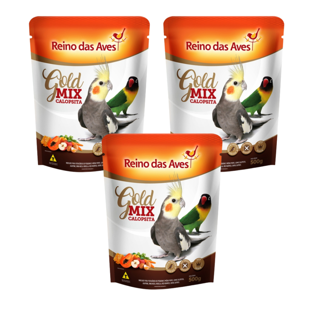 REINO DAS AVES GOLD MIX CALOPSITA 500GR RAÇÃO SEMENTES MISTURA PERIQUITO RINGNEK AVE PSITACIDEO AGAPORNE MARITACA PENA — imagem 2 de 2