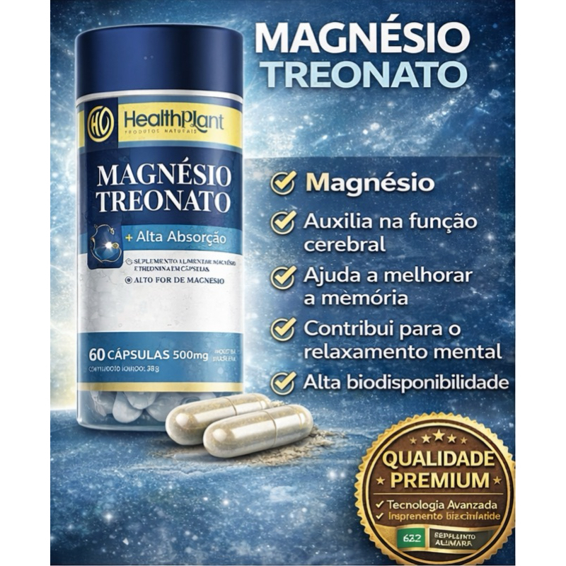 Magnésio L-Treonato 500mg Cápsulas com Absorção Superior para Sono e Relaxamento