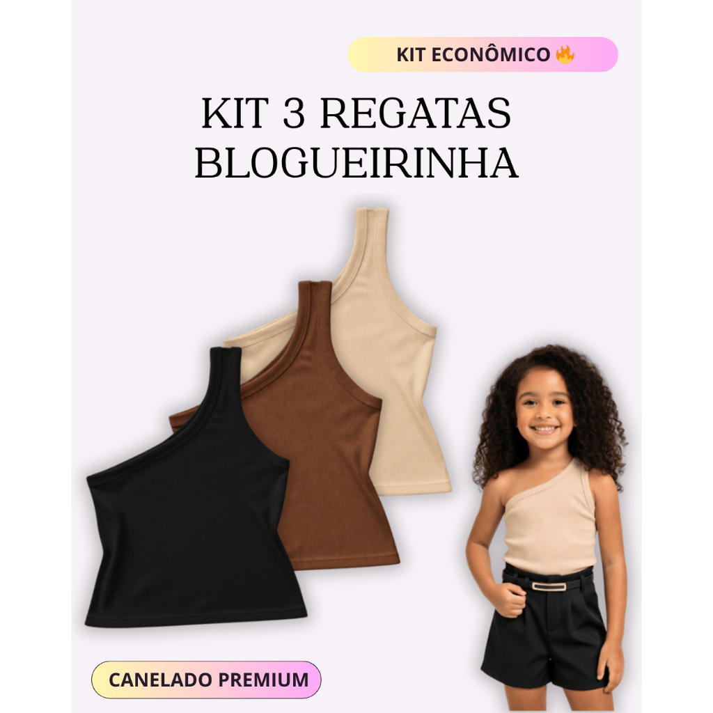Kit 3 Regatas Infantil Feminina Blogueirinha Um Ombro Canelada Moda Menina Verão