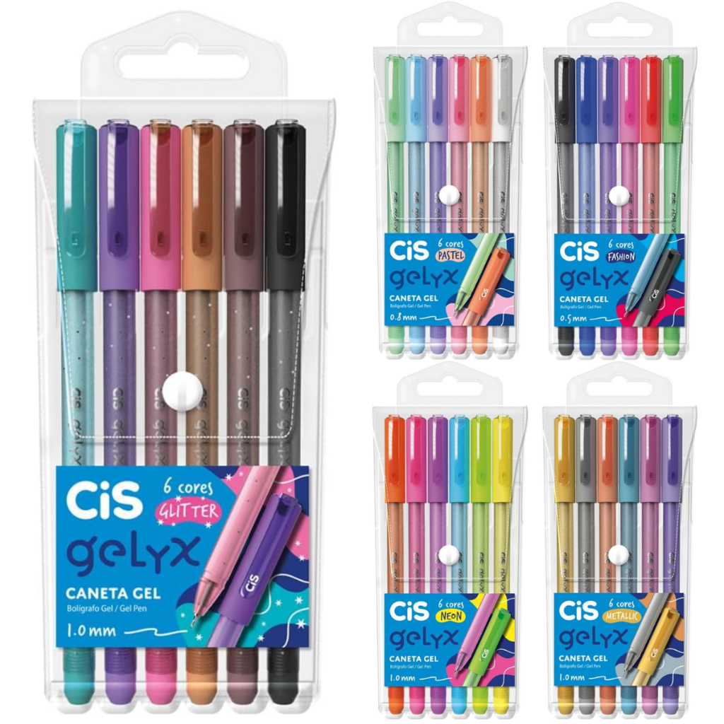 Kit Caneta Gel Gelyx 6 Cores Glitter Pastel Neon Metálica Fashion Ponta Fina Escrita Macia