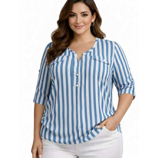 CAMISA FEMININA  PLUS SIZE CASUAL  MANGA 3/4 VISCOLINHO LISTRADO em Oferta na Shopee