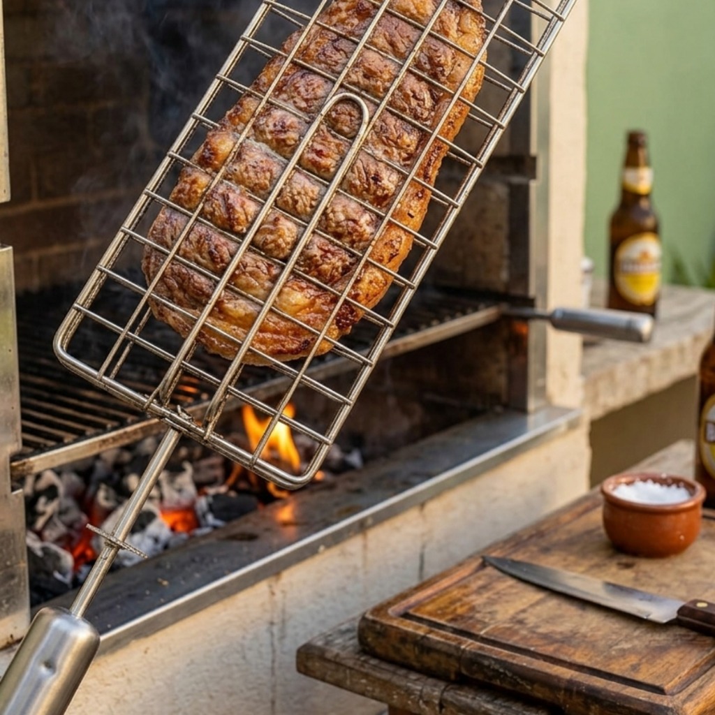 Espeto Grelha Inox Para Frango / Peixe / Linguiça / Coração Grill Giratório