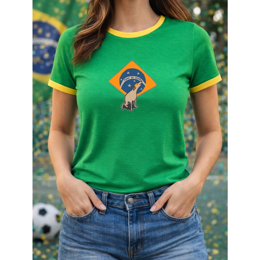 Blusa Feminina Brasil Camiseta Babylook Rumo ao Hexa Cachorro Caramelo Copa do Mundo Brasileira 100% Algodão