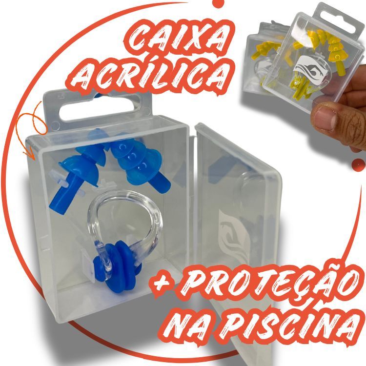 Clip Tampão Nasal e Auricular c/ Estojo Acrilico - Combo Proteção: Nariz e Ouvido - Piscina Natação Hidroginastica