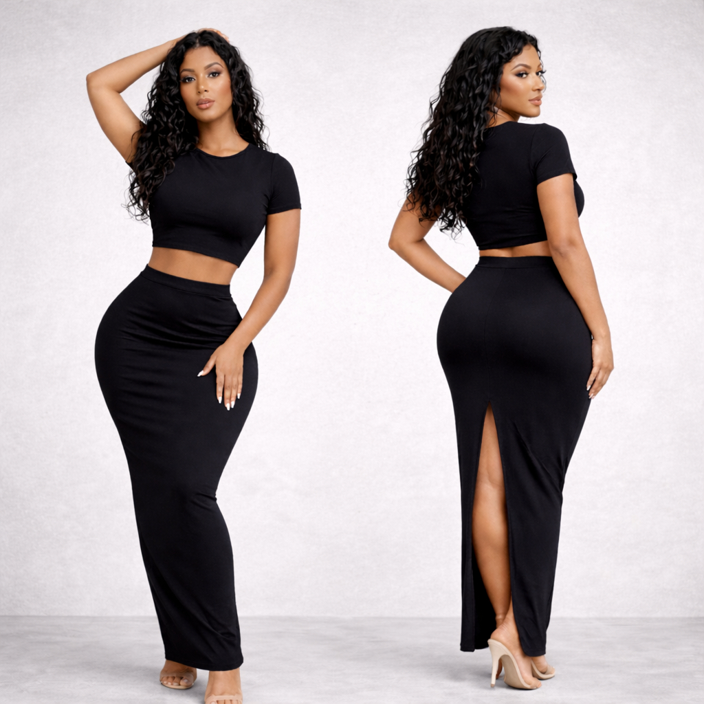 Conjunto Femenino Saia Longa Com Fenda Na Cos e Blusa Croped Baby Manga Curta Estiloso Casual Suplex