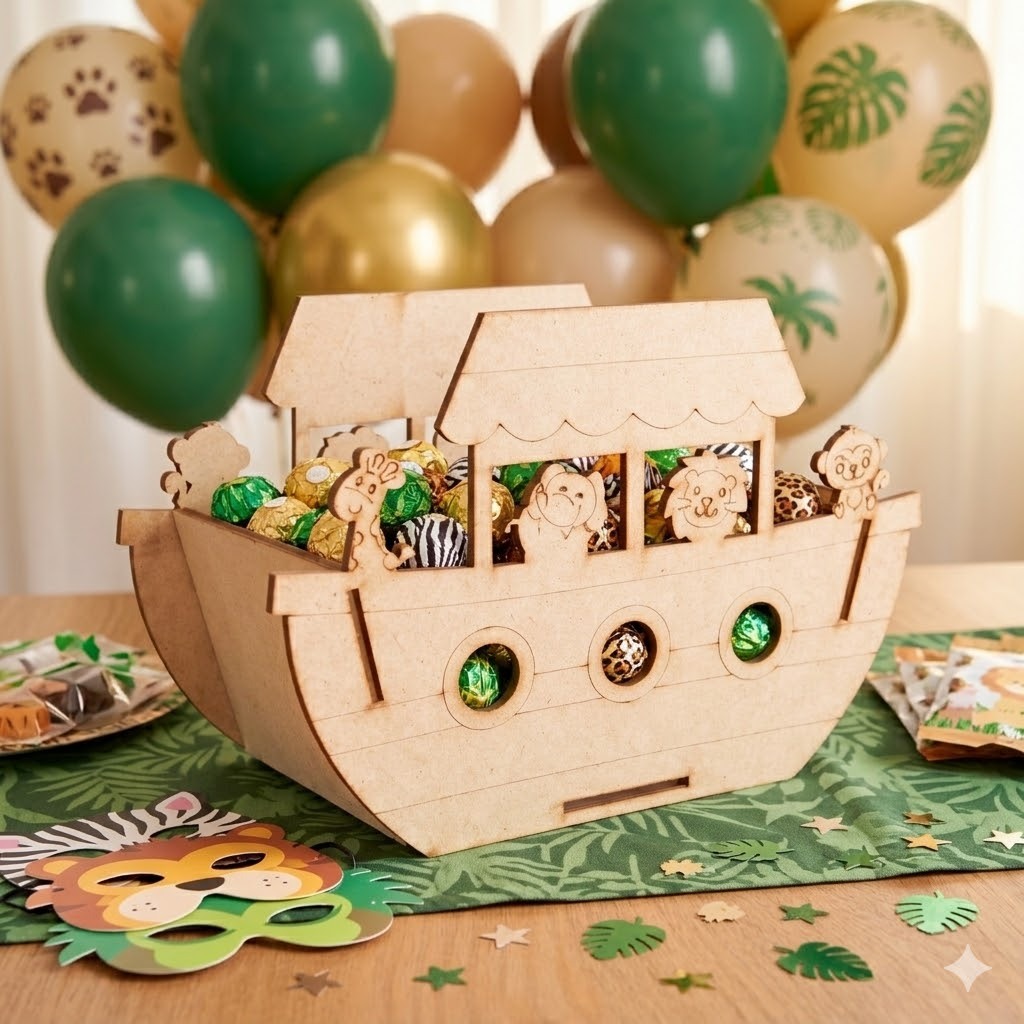 Kit Centros de Mesa Arca de Noé Safari Girafa Macaco Leão em MDF Aniversário Infantil