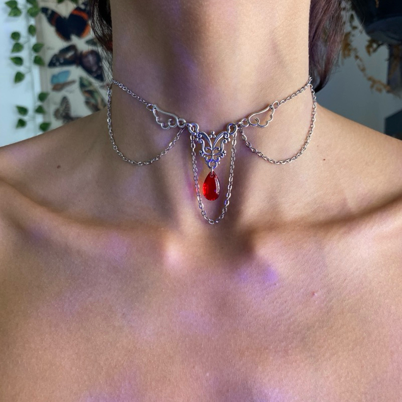 Choker Aço Inox Gargantilha Cristal vermelho Pingente Asa Aesthetic Gótico Alternativo Punk Rock Gargantilha Choker
