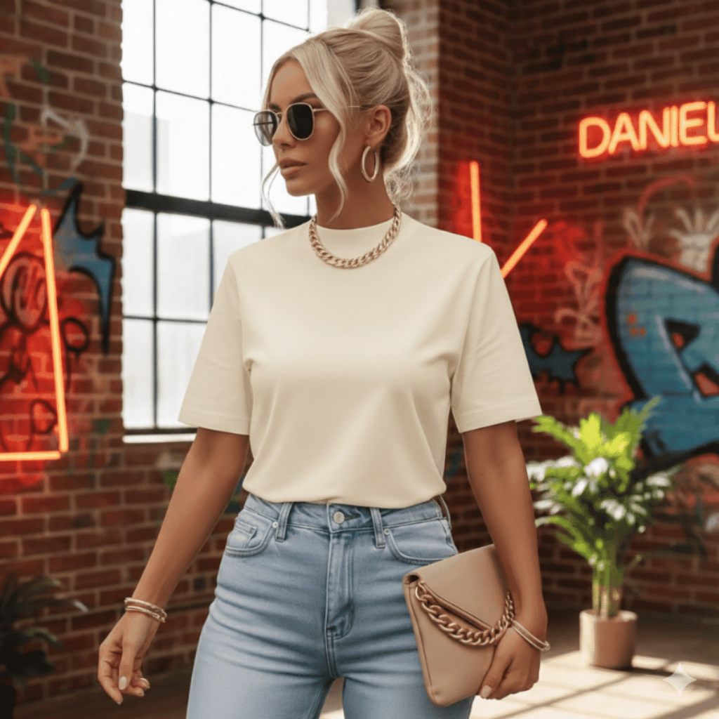 Camiseta Feminina Manga Oversized Gola Alta 100% Algodão Moda Blogueira Várias Cores Mocha Mousse Chocolate e Marrom