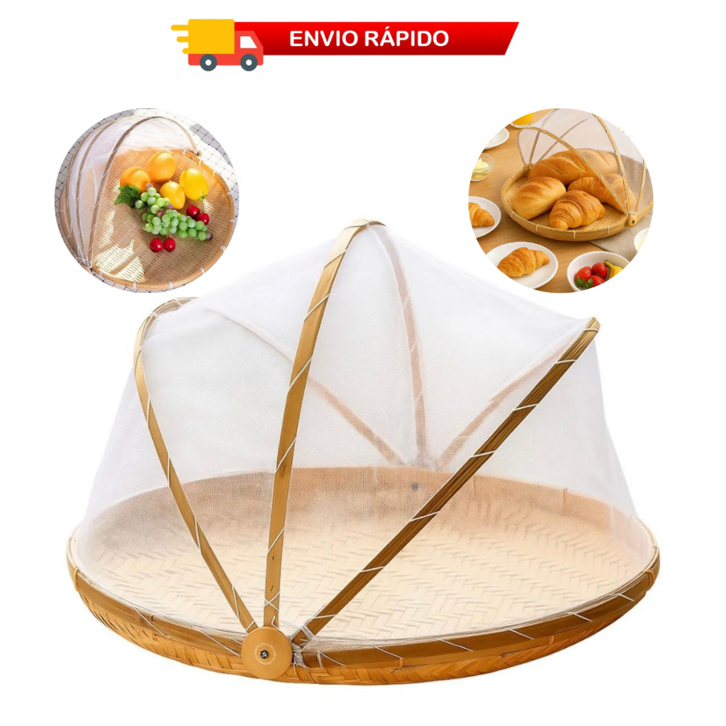 Cesto Porta Pão Bolo Rattan Bambu Redondo Cobertura Retrátil