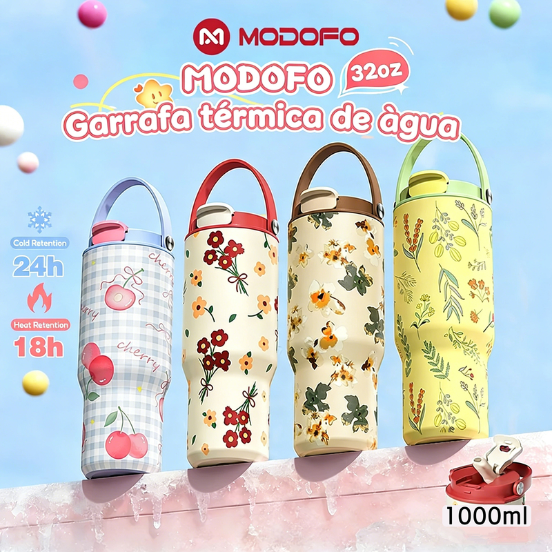 MODOFO Garrafa térmica de água 1 litro grande Copo Termico De Agua Com Canudo Tampa Alça 100ml
