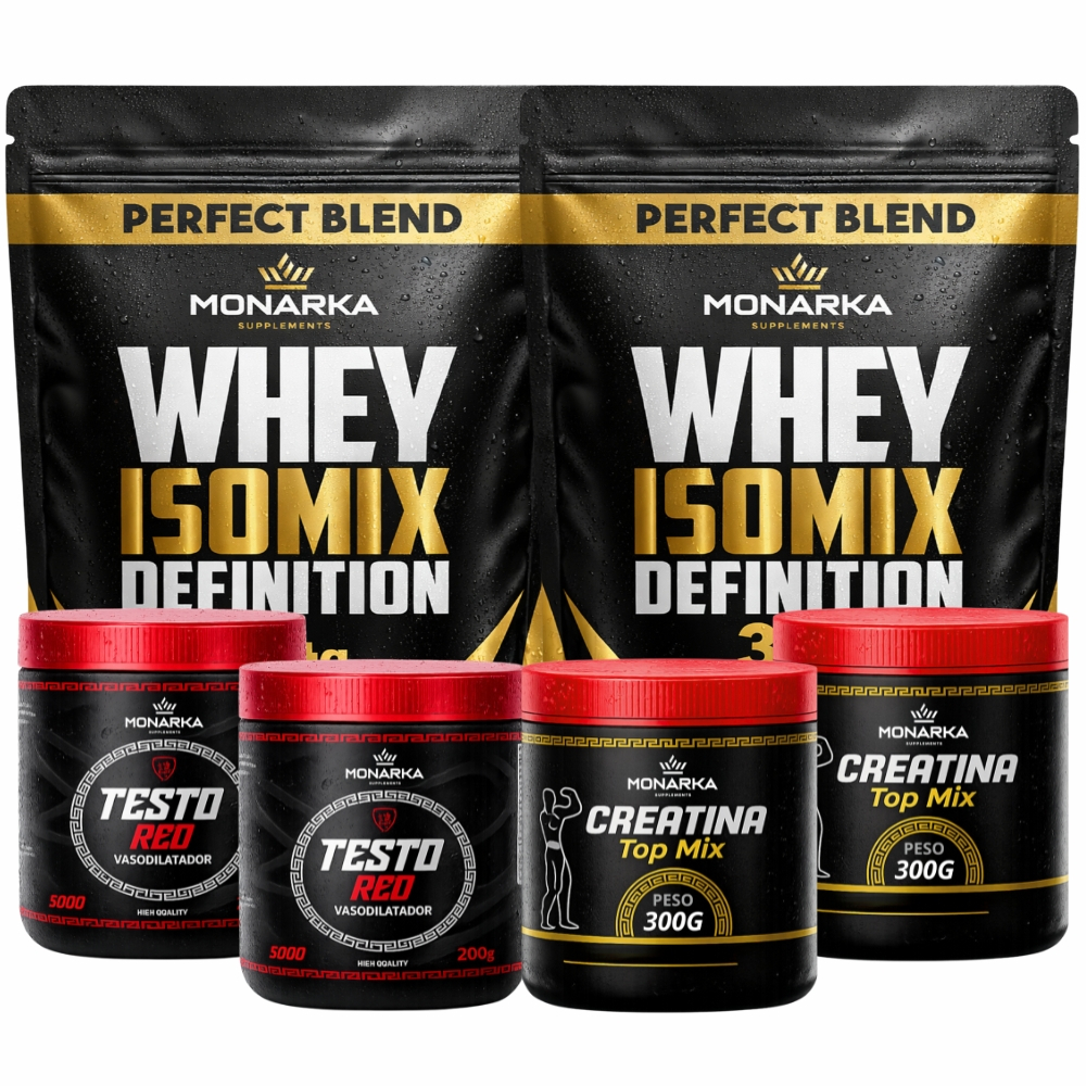 KIT Tudo em dobro: 2x Whey Protein 1kg + 2x Creatina 300g + 2x Testos Força, Resistência Disposição