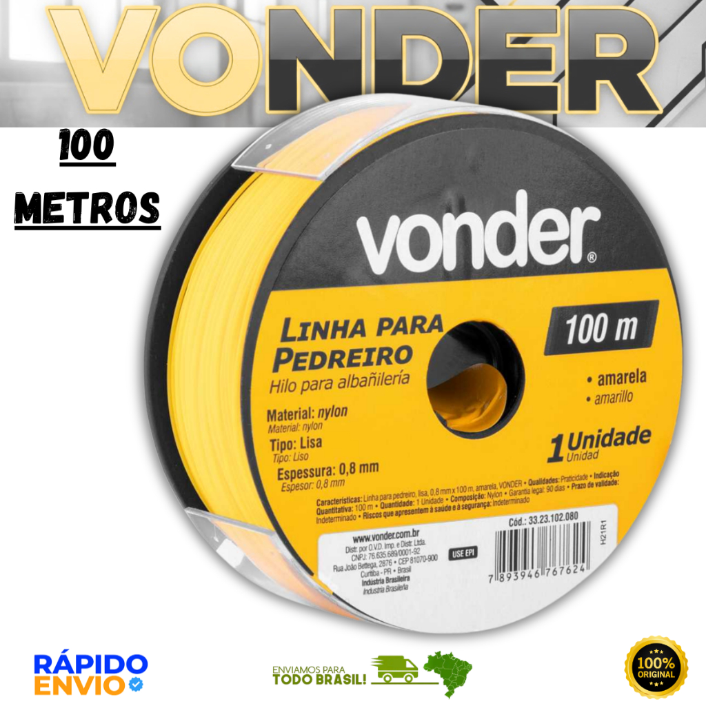 Linha De Nylon Para Pedreiro Lisa 0,8 mm x 100 m Amarela VONDER Resistente Original Premium