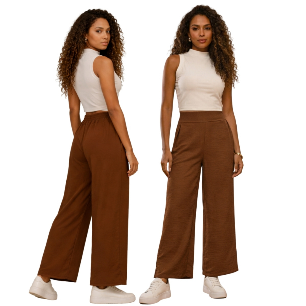 Calça Pantalona Feminina Elástico Na Cintura Cintura Alta Tecido Duna P ao GG Calça Duna