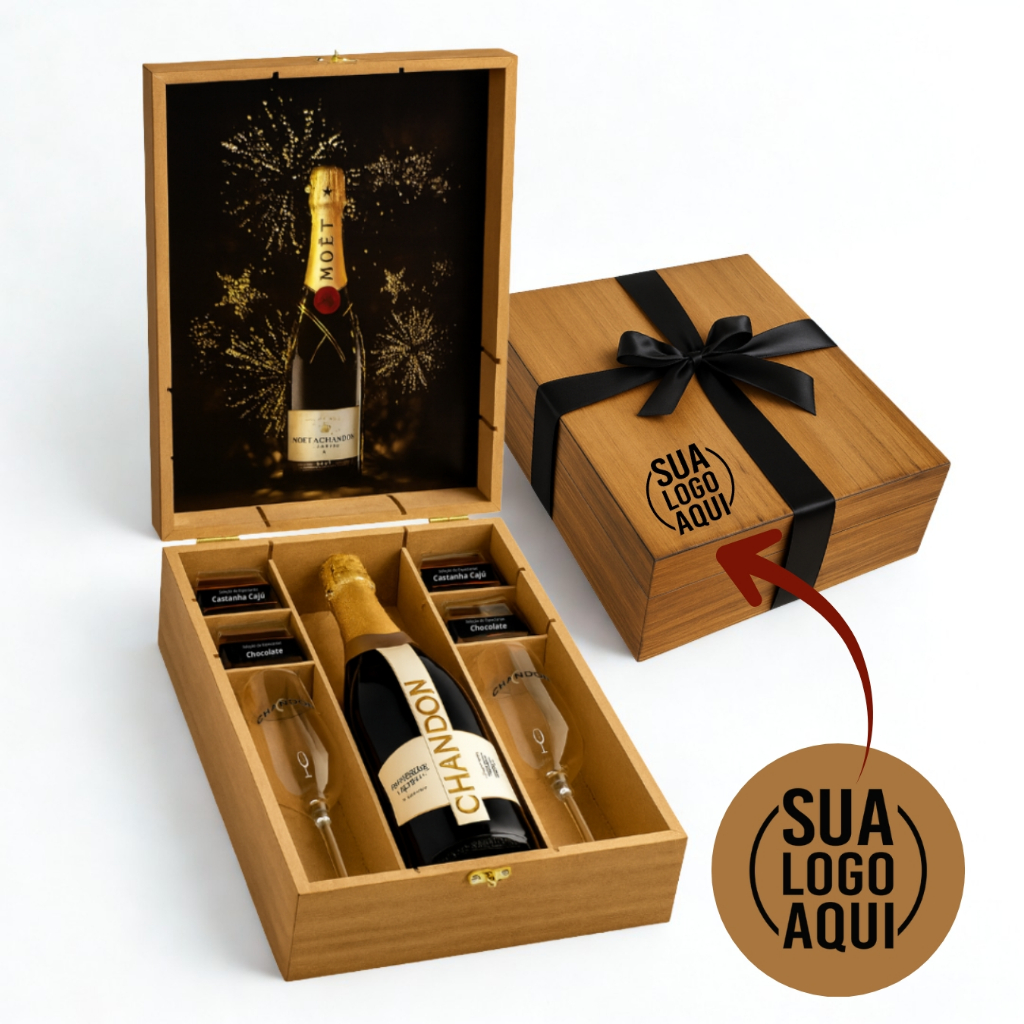 Kit Chandon 750ml Taças e Aperitivos. Caixa Madeira. Presente Premium. PERSONALIZE COM SUA ARTE OU NOME!