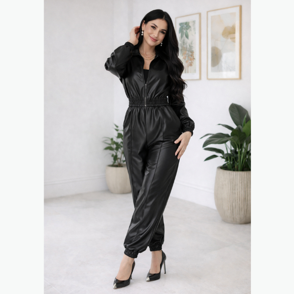 Conjunto Feminino Blusa Manga Longa Com Ombreira e Calça Jogger Crepe Cetim Encorpado com Elastano Punho Ajustado Estilo