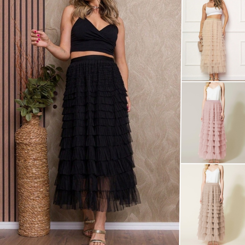 Saia Feminina Elegante Camadas Tule Moda Midi Comprida Longa e Elastica Saia de Babado