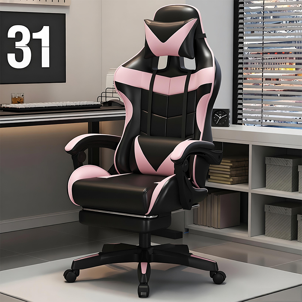 Cadeira Gamer Ergonômica Altura Ajustável com Apoio de Pés Ajustável e Base Giratória 100kg -F19