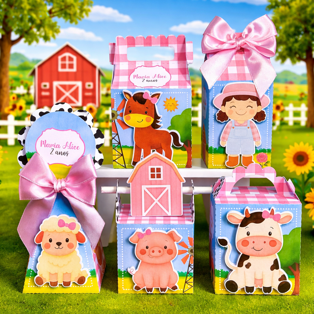Kit Caixinhas Personalizadas Fazendinha Menina | Pegue e Monte | Lembrancinha Aniversário e Festa Infantil