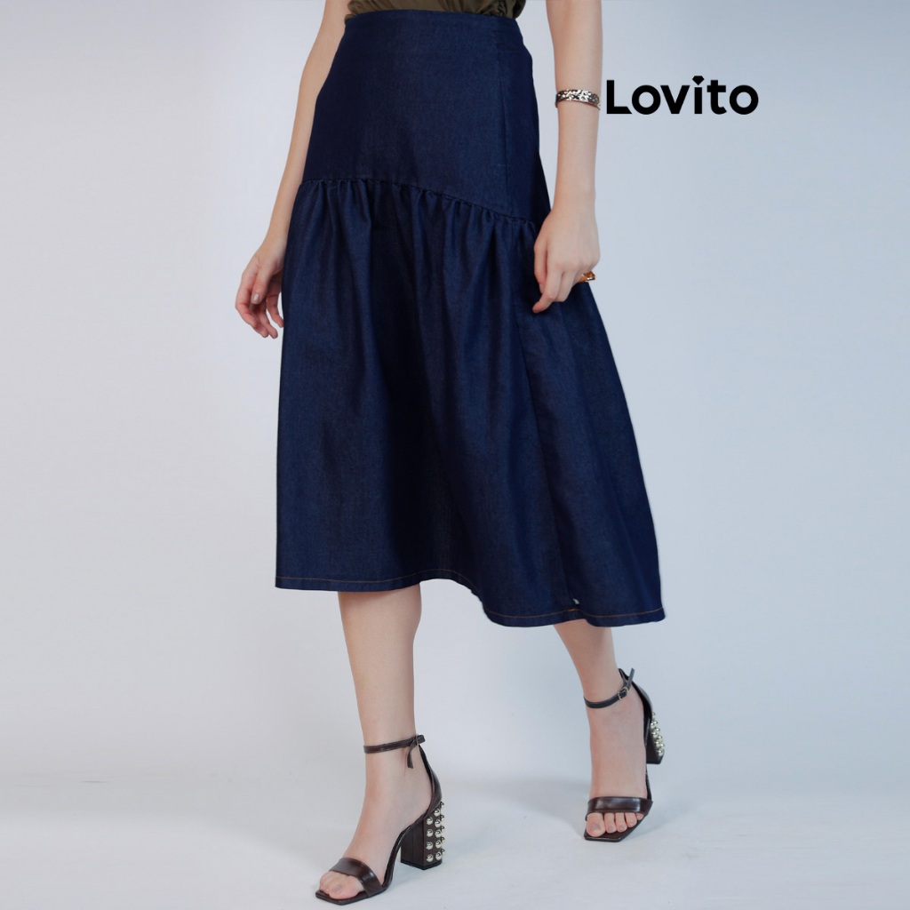 Lovito Saia Jeans Rodada Midi Moda Feminina SKB16321662
