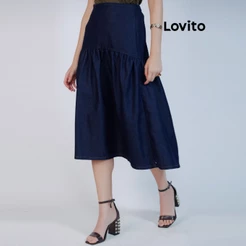 Lovito Saia Jeans Rodada Midi Moda Feminina SKB16321662