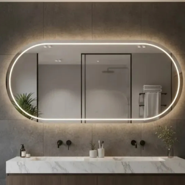 Espelho Oval 40x80cm Jateado Com 3 Cores Led com Botão Touch Lapidado Decoração Quarto Banheiro