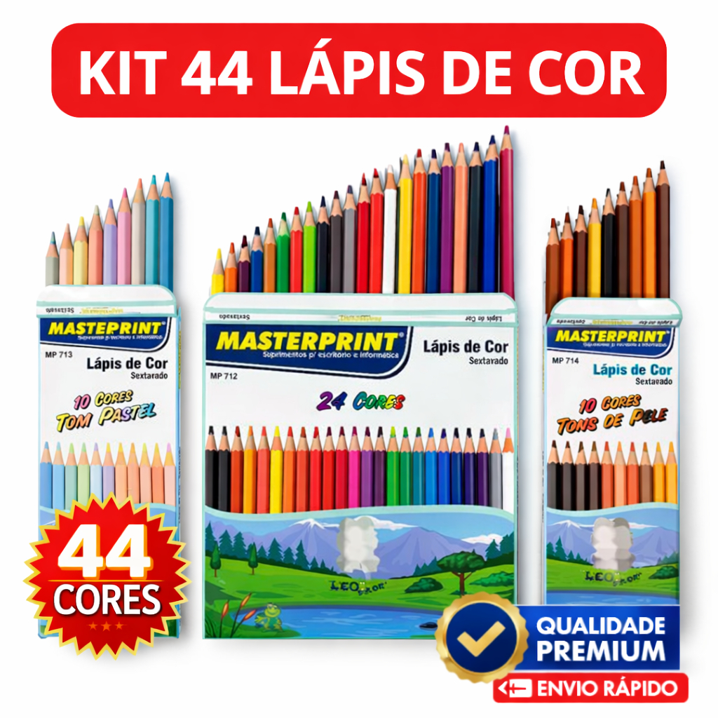 Kit 44 Lápis de Cor (24 CORES + 10 Cores Tom Pastel +10 Cores Tons de Pele) Escolar Sextavado